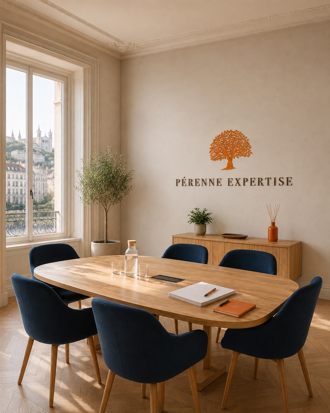 Bureau de Pérenne Expertise avec le logo de l’entreprise sur le mur
